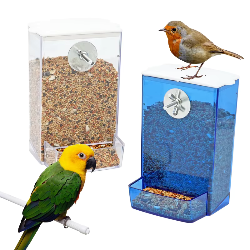 Bird Seed Feeder Box – Transparent Cage-Mounted Food Dispenser